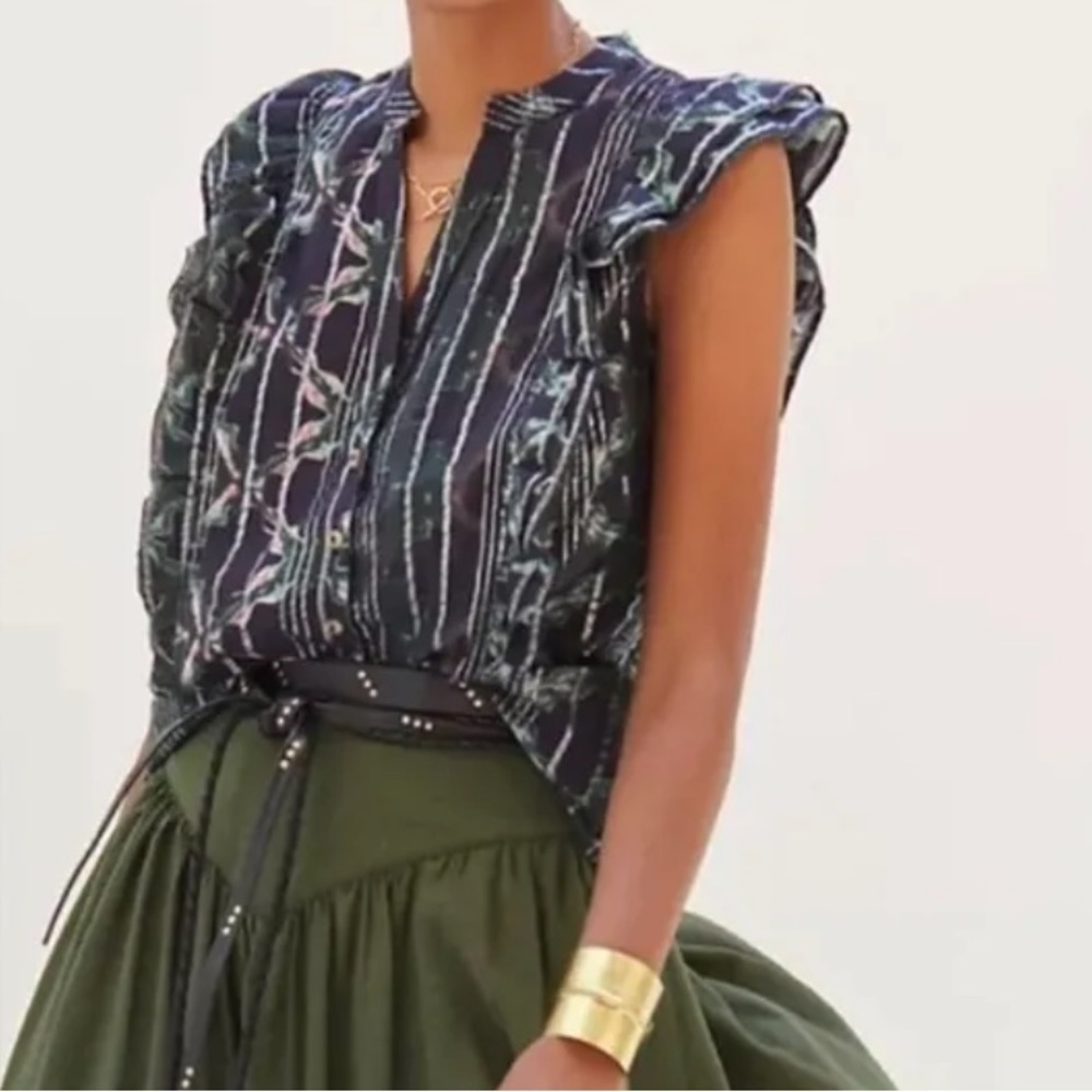 Anthropologie | Pilcro Ruffled Button-down Black and Greeb Blouse Size Small